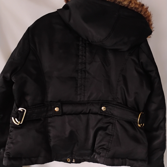 Women's Guess Black & Gold Winter Puffer Coat Hooded Jacket with Faux Fur Trim - Picture 12 of 16